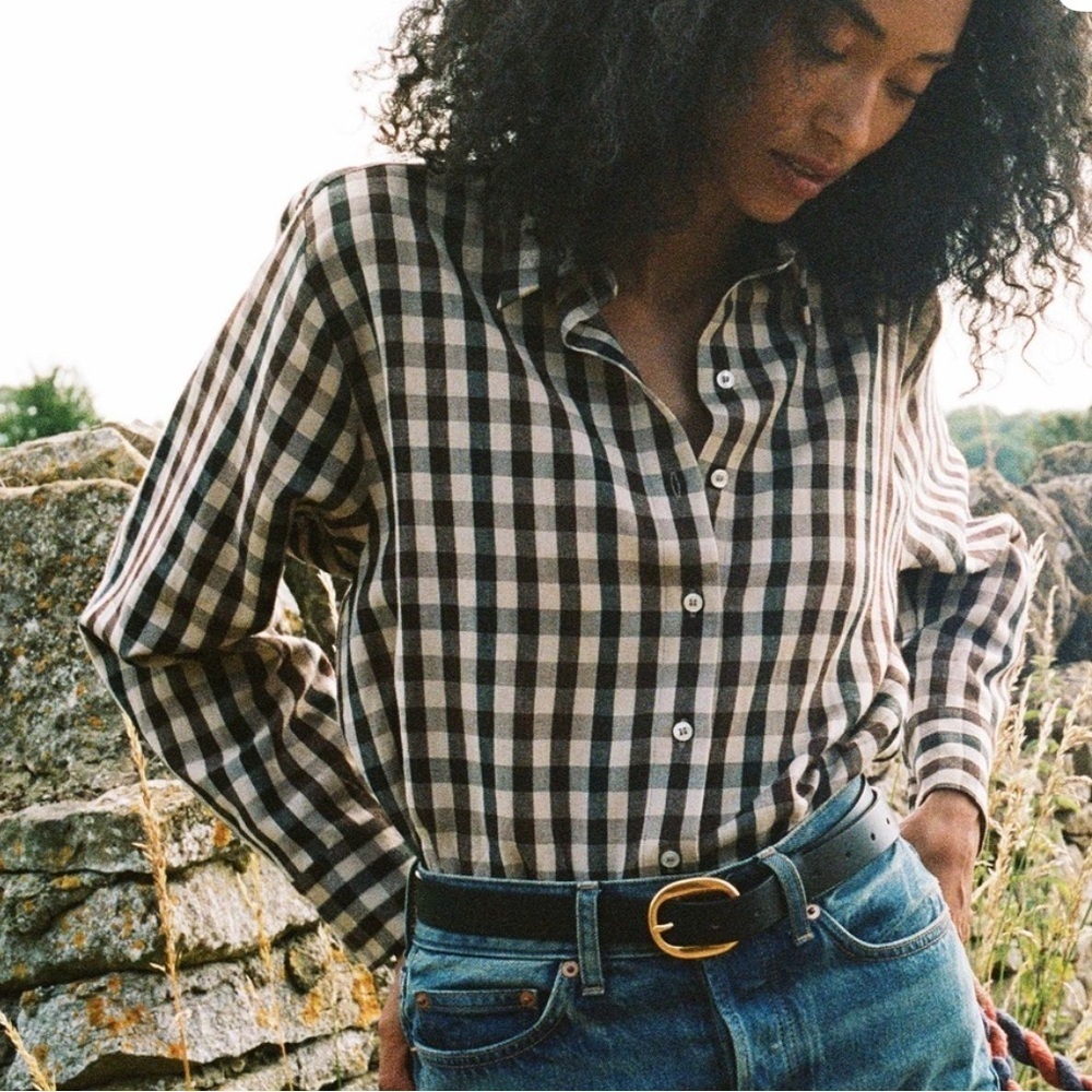 Doen Plaid Wool Shirt in Brown and Black Doen Remis Checkered Button-Up Shirt S